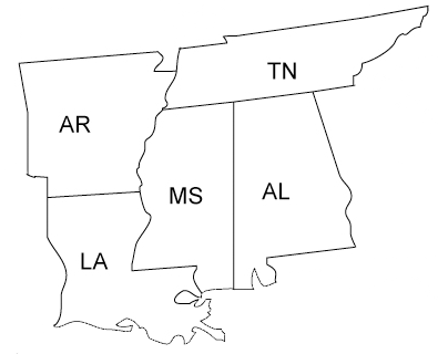 map of the deep south region