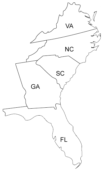 map showing coastal south usa 