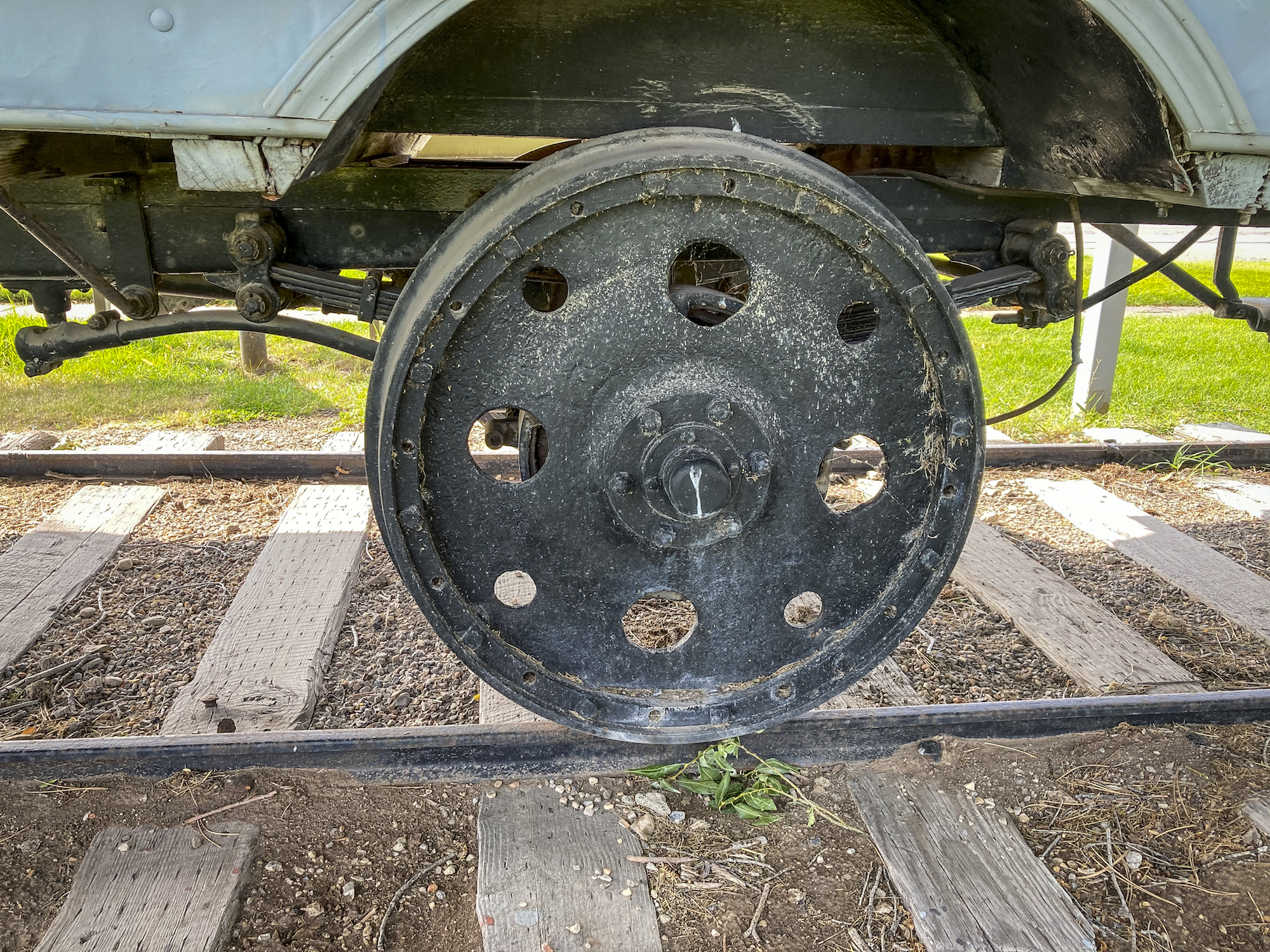 railway wheel on The Bus in Soda Springs Idaho