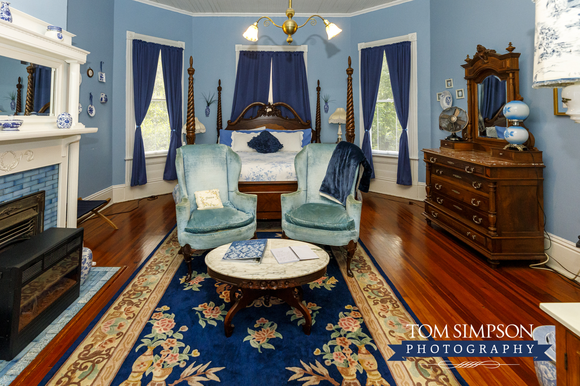 blue victorian era bedroom