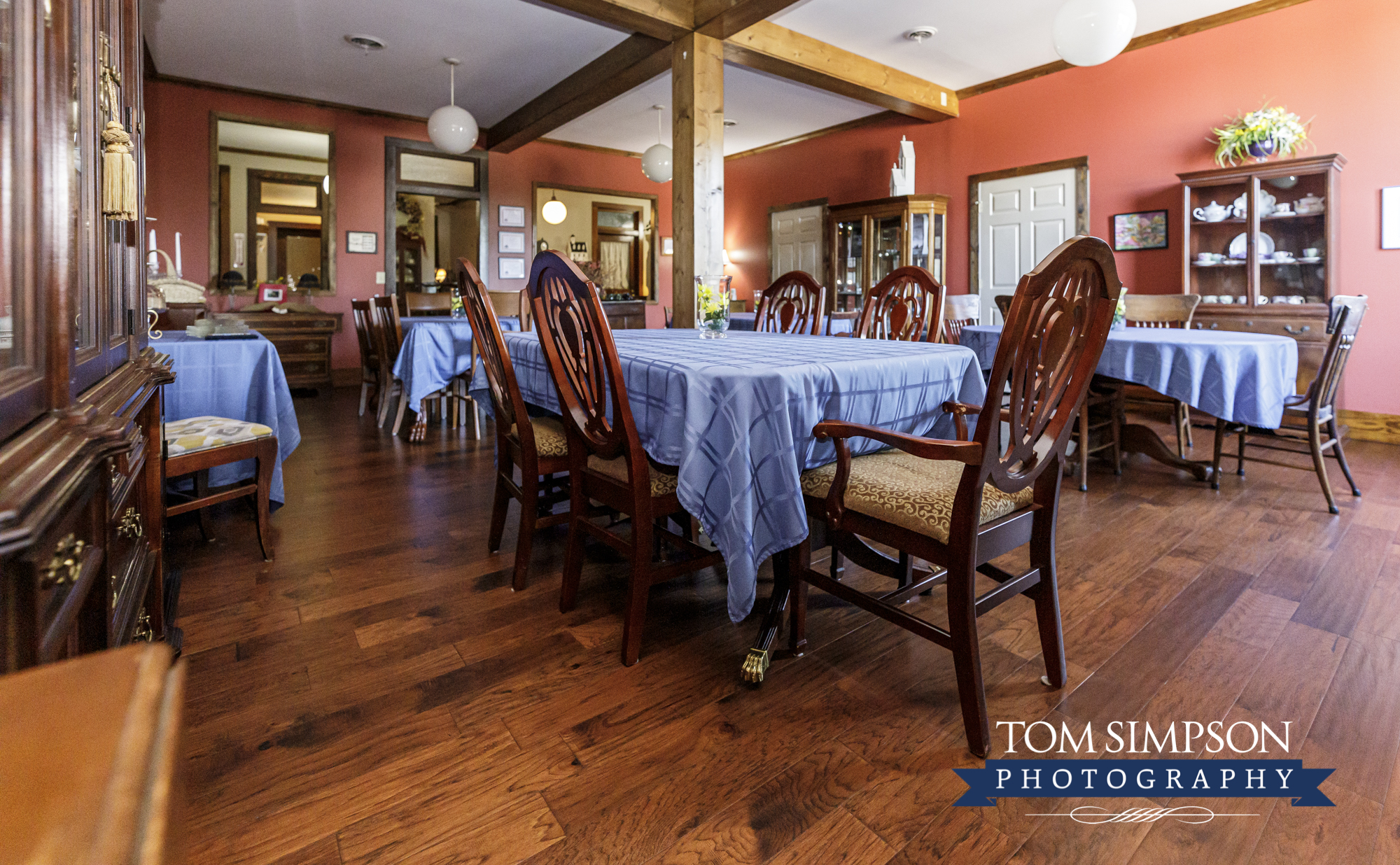 blue tablecloths on dining tables