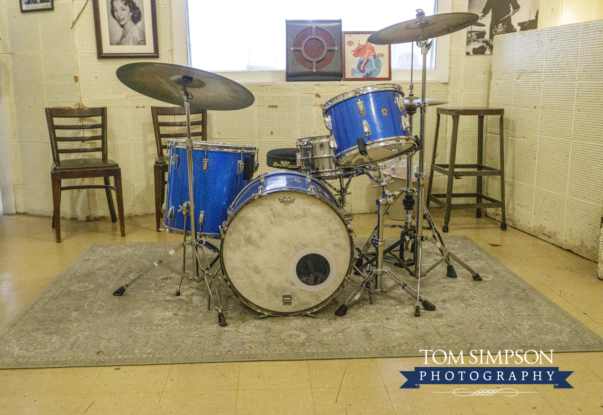 blue drum set in sun studio