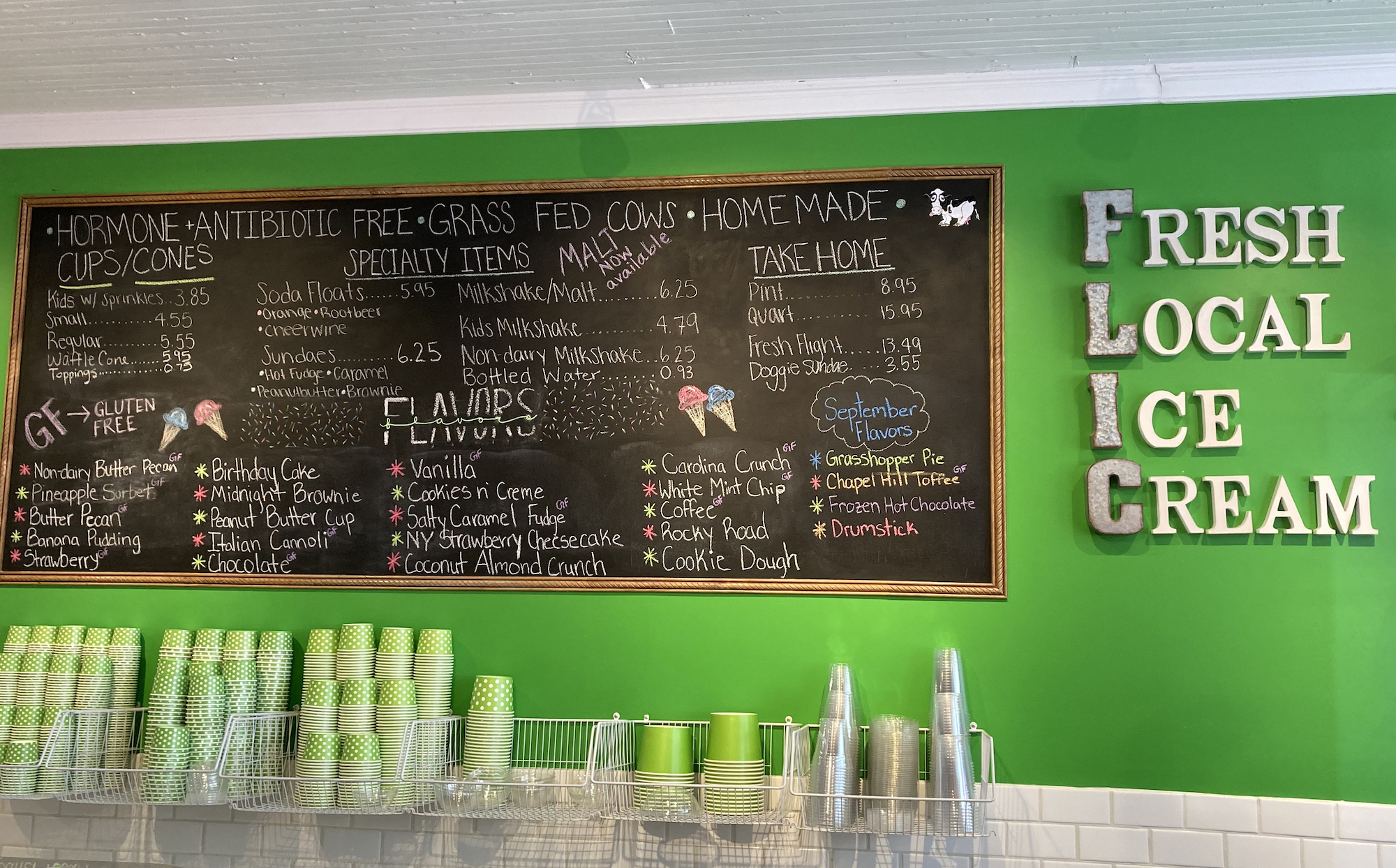 menu in the family-owned ice cream shop